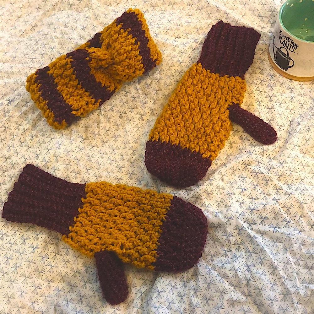 Handmade Crochet Mitten Headband Set